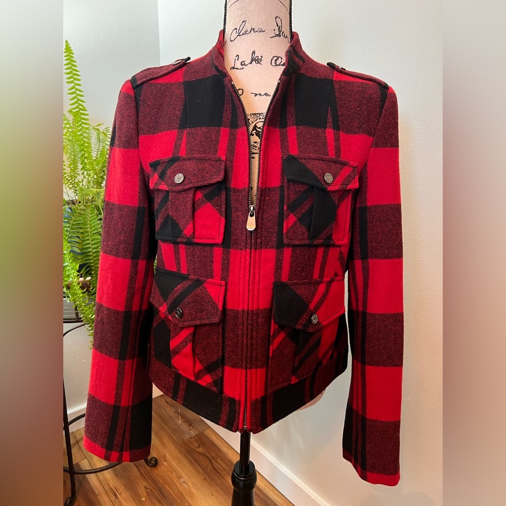 Red & Black Plaid Military-Style Women's Jacket